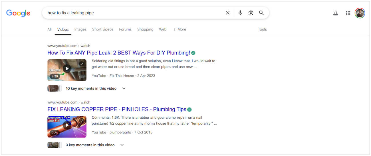 Videos in Google search